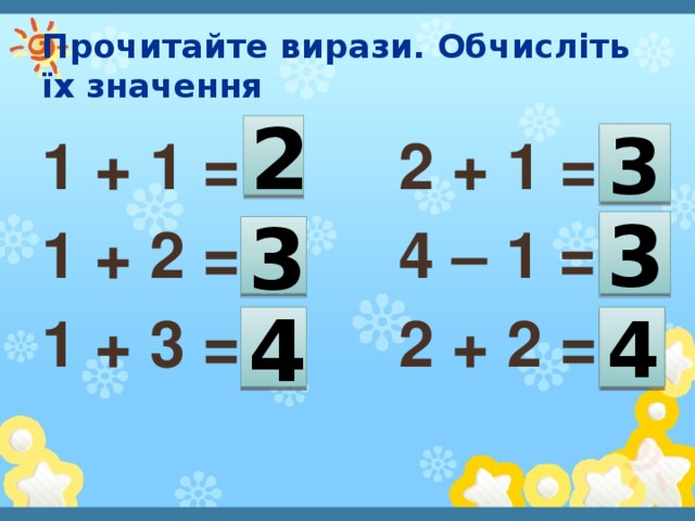 Прочитайте вирази. Обчисліть їх значення 2 1 + 1 = 2 + 1 = 1 + 2 = 4 – 1 = 1 + 3 = 2 + 2 = 3 3 3 4 4