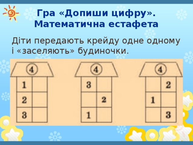 Гра «Допиши цифру». Математична естафета Діти передають крейду одне одному і «заселяють» будиночки.