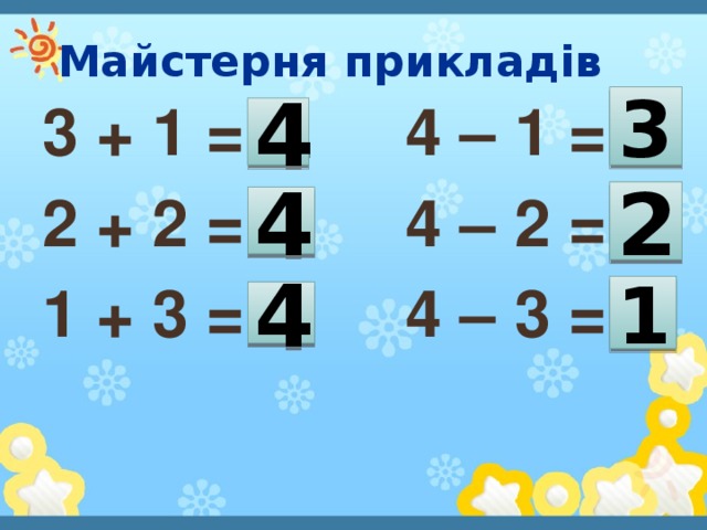 Майстерня прикладів 3 3 + 1 = 4 – 1 = 2 + 2 = 4 – 2 = 1 + 3 = 4 – 3 = 4 2 4 1 4