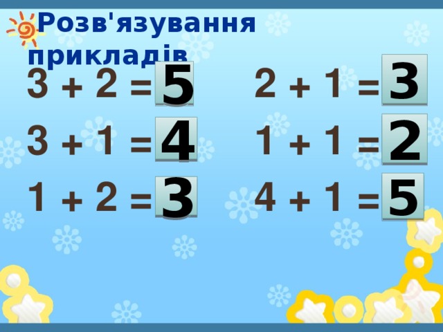 Розв'язування прикладів 3 3 + 2 = 2 + 1 = 3 + 1 = 1 + 1 = 1 + 2 = 4 + 1 = 5 2 4 5 3