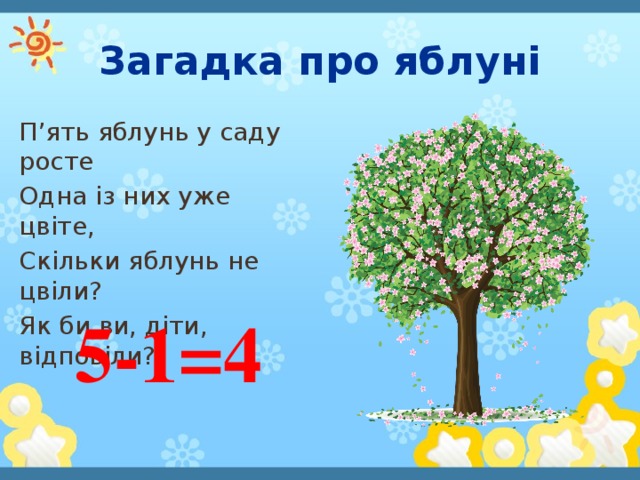 Загадка про яблуні П’ять яблунь у саду росте Одна із них уже цвіте, Скільки яблунь не цвіли? Як би ви, діти, відповіли? 5-1=4
