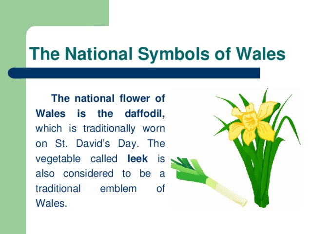 The National Symbols of Wales   The national flower of Wales is the daffodil, which is traditionally worn on St. David’s Day. The vegetable called leek is also considered to be a traditional emblem of Wales.