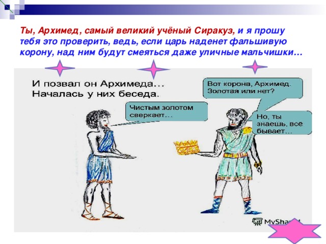 Ты, Архимед, самый великий учёный Сиракуз,  и я прошу тебя это проверить, ведь, если царь наденет фальшивую корону, над ним будут смеяться даже уличные мальчишки…