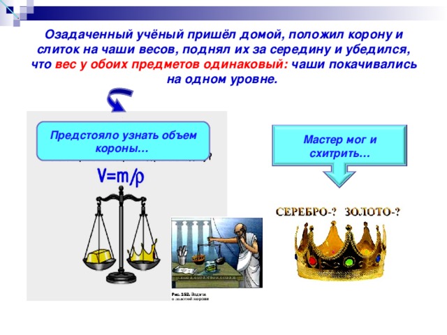 Озадаченный учёный пришёл домой, положил корону и слиток на чаши весов, поднял их за середину и убедился, что вес у обоих предметов одинаковый: чаши покачивались на одном уровне.    Предстояло узнать объем короны… Мастер мог и схитрить…