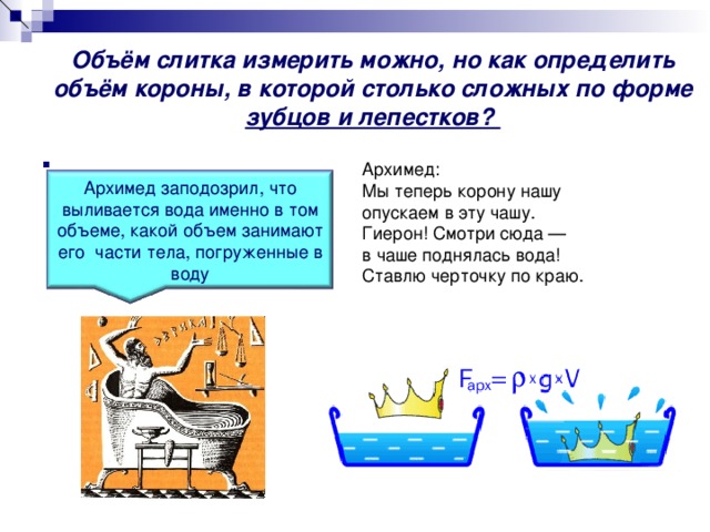 Объём слитка измерить можно, но как определить объём короны, в которой столько сложных по форме зубцов и лепестков? Архимед:  Мы теперь корону нашу  опускаем в эту чашу.   Гиерон! Смотри сюда —   в чаше поднялась вода!  Ставлю черточку по краю. Архимед заподозрил, что выливается вода именно в том объеме, какой объем занимают его части тела, погруженные в воду