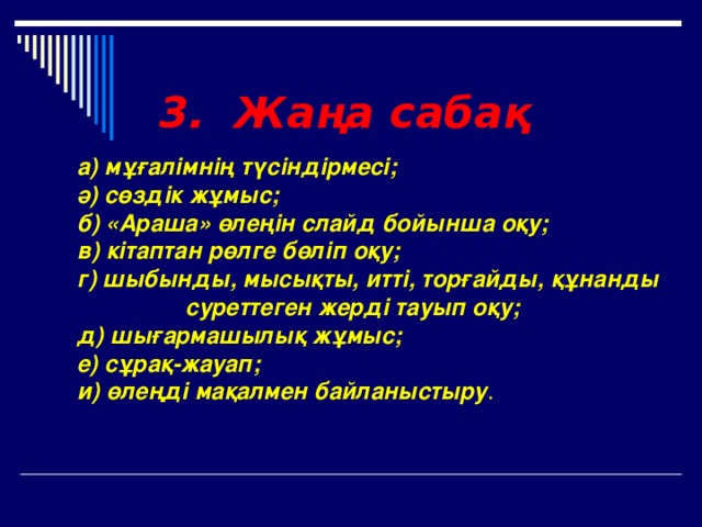 3. Жаңа сабақ     а) мұғалімнің түсіндірмесі;  ә) сөздік жұмыс;  б) «Араша» өлеңін слайд бойынша оқу;  в) кітаптан рөлге бөліп оқу;  г) шыбынды, мысықты, итті, торғайды, құнанды  суреттеген жерді тауып оқу;  д) шығармашылық жұмыс;  е) сұрақ-жауап;  и) өлеңді мақалмен байланыстыру .