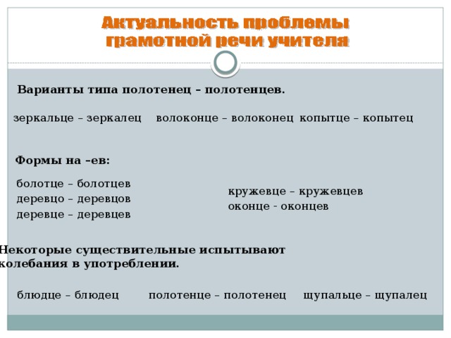 Варианты типа полотенец – полотенцев. зеркальце – зеркалец волоконце – волоконец копытце – копытец Формы на –ев: болотце – болотцев  деревцо – деревцов  деревце – деревцев кружевце – кружевцев  оконце - оконцев Некоторые существительные испытывают колебания в употреблении. блюдце – блюдец полотенце – полотенец щупальце – щупалец