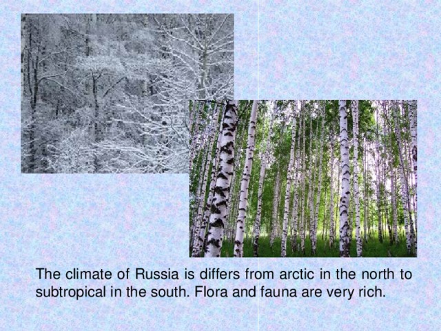 The climate of Russia is differs from arctic in the north to subtropical in the south. Flora and fauna are very rich.