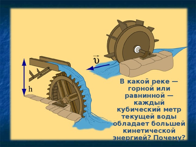 В какой реке — горной или равнинной — каждый кубический метр текущей воды обладает большей кинетической энергией? Почему?