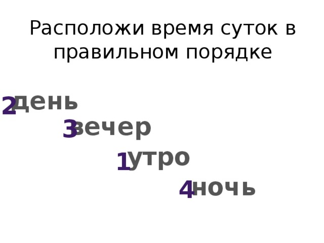 Расположи время суток в правильном порядке день 2 вечер 3 утро 1 ночь 4