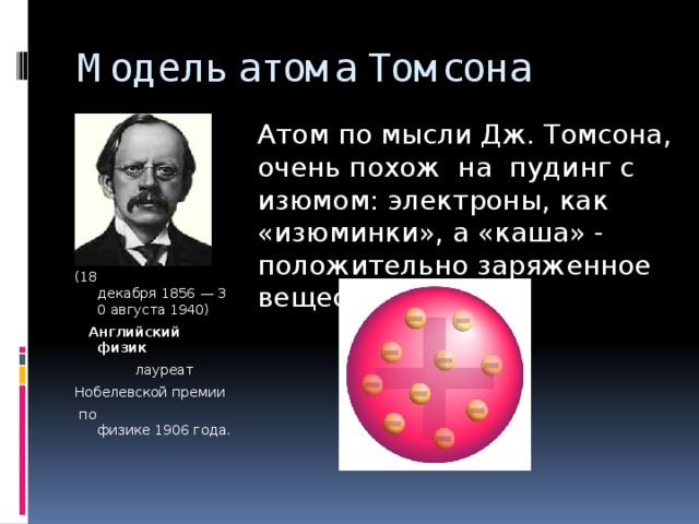 Модель атома Томсона      Джозеф томсон (18 декабря 1856 — 30 августа 1940)  Английский физик   лауреат Нобелевской премии  по физике 1906 года. Атом по мысли Дж. Томсона, очень похож на пудинг с изюмом: электроны, как «изюминки», а «каша» - положительно заряженное вещество атома.