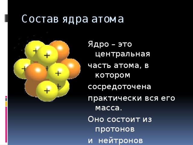 Состав ядра атома Ядро – это центральная часть атома, в котором сосредоточена практически вся его масса. Оно состоит из протонов и нейтронов
