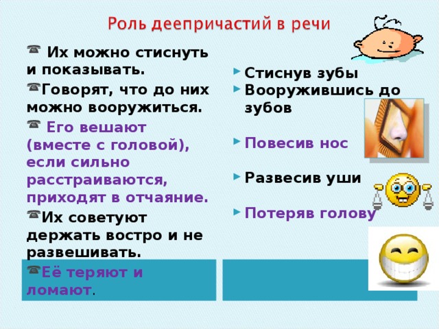 Их можно стиснуть и показывать. Говорят, что до них можно вооружиться.  Его вешают (вместе с головой), если сильно расстраиваются, приходят в отчаяние. Их советуют держать востро и не развешивать. Её теряют и ломают . Стиснув зубы Вооружившись до зубов Повесив нос Развесив уши Потеряв голову