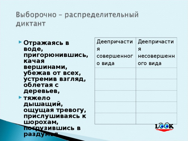 Отражаясь в воде, пригорюнившись, качая вершинами, убежав от всех, устремив взгляд, облетая с деревьев, тяжело дышащий, ощущая тревогу, прислушиваясь к шорохам, погрузившись в раздумья.