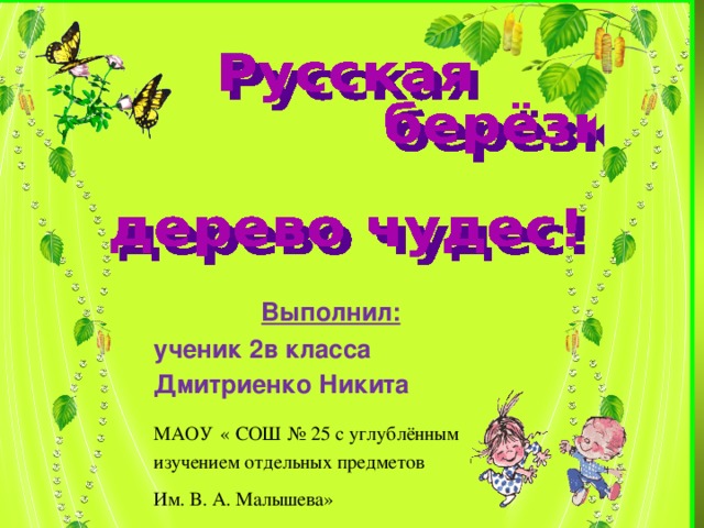 Выполнил: ученик 2в класса Дмитриенко Никита МАОУ  « СОШ  № 25 с углублённым изучением отдельных предметов Им. В. А. Малышева»