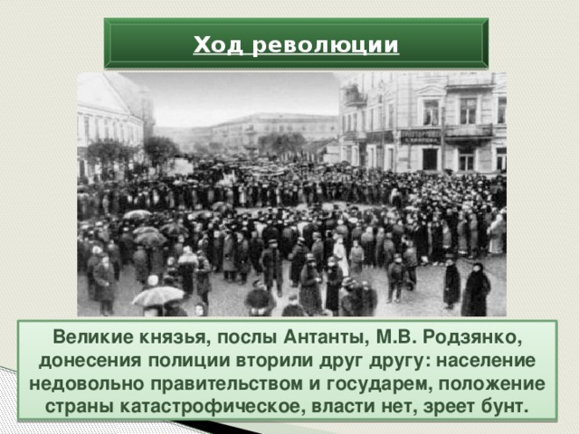 Ход революции Великие князья, послы Антанты, М.В. Родзянко, донесения полиции вторили друг другу: население недовольно правительством и государем, положение страны катастрофическое, власти нет, зреет бунт.