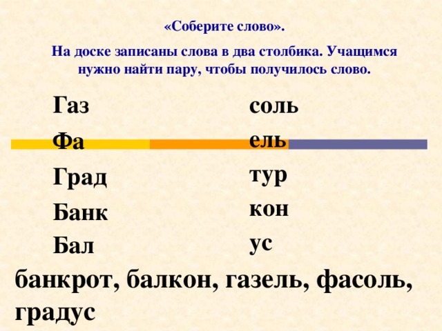 «Соберите слово». На доске записаны слова в два столбика. Учащимся нужно найти пару, чтобы получилось слово. Газ соль Фа ель Град тур Банк кон Бал ус банкрот, балкон, газель, фасоль, градус