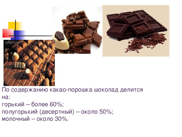 По содержанию какао-порошка шоколад делится на:  горький – более 60%;  полугорький (десертный) – около 50%;  молочный – около 30%.