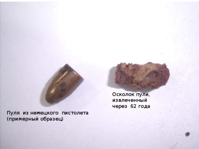 Осколок пули, извлеченный через 62 года Пуля из немецкого пистолета (примерный образец)