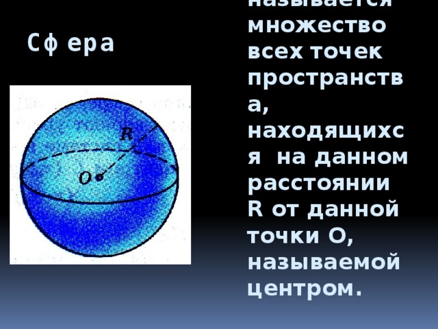 Сферой называется множество всех точек пространства, находящихся на данном расстоянии R от данной точки О, называемой центром.