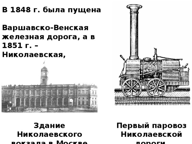 В 1848 г. была пущена  Варшавско-Венская  железная дорога, а в 1851 г. – Николаевская,  соединившая Петербург  и Москву.        Первый паровоз Николаевской дороги Здание Николаевского вокзала в Москве