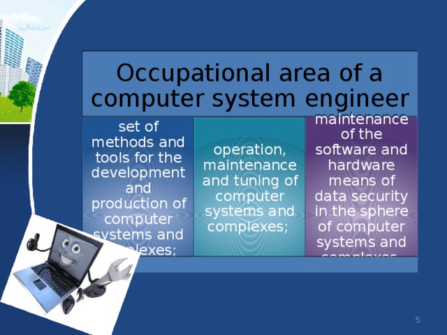 Occupational area of a computer system engineer set of methods and tools for the development and production of computer systems and complexes; operation, maintenance and tuning of computer systems and complexes; maintenance of the software and hardware means of data security in the sphere of computer systems and complexes.