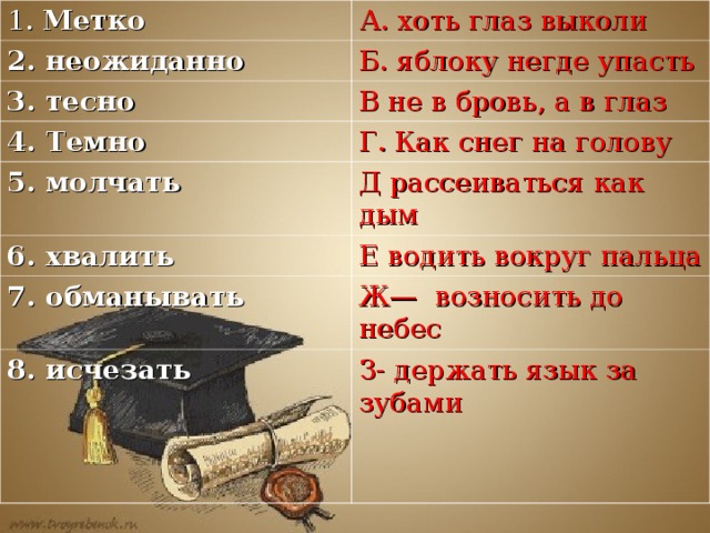 1. Метко  А. хоть глаз выколи 2. неожиданно Б. яблоку негде упасть 3. тесно В не в бровь, а в глаз 4. Темно Г. Как снег на голову 5. молчать Д рассеиваться как дым 6. хвалить Е водить вокруг пальца 7. обманывать Ж— возносить до небес 8. исчезать З- держать язык за зубами