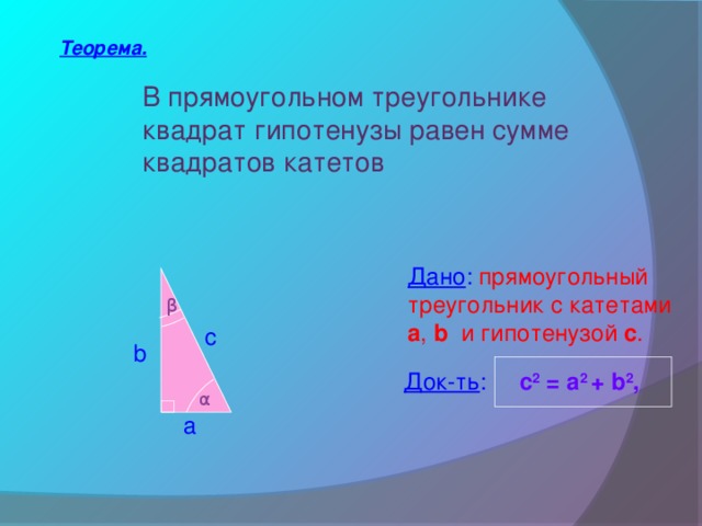 Теорема. В прямоугольном треугольнике квадрат гипотенузы равен сумме квадратов катетов Дано :  прямоугольный треугольник с катетами a , b  и гипотенузой c . β c b Док-ть :  c 2 = a 2 + b 2 , α  a