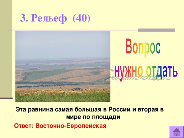 3. Рельеф (40)   Эта равнина самая большая в России и вторая в мире по площади Ответ: Восточно-Европейская
