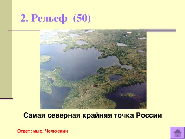 2. Рельеф (50)    Самая северная крайняя точка России  Ответ : мыс. Челюскин