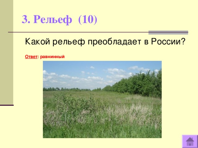3. Рельеф (10)   Какой рельеф преобладает в России?  Ответ : равнинный