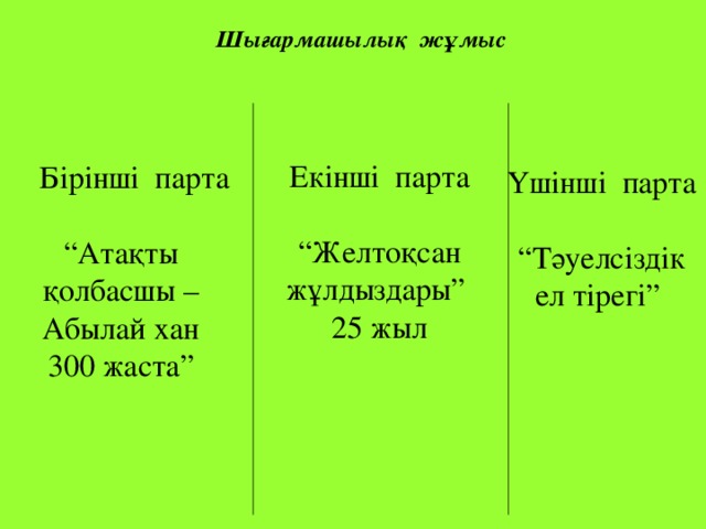 Шығармашылық жұмыс Екінші парта “ Желтоқсан жұлдыздары” 25 жыл Үшінші парта “ Тәуелсіздік ел тірегі”  Бірінші парта “ Атақты қолбасшы – Абылай хан 300 жаста”