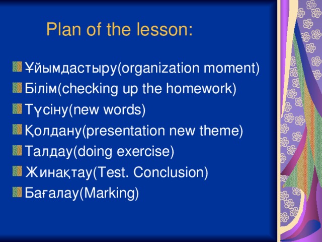 Plan of the lesson: