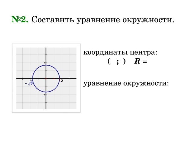 № 2.  Составить уравнение окружности. координаты центра: ( ; ) R = уравнение окружности: