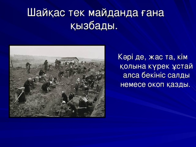 Шайқас тек майданда ғана қызбады. Кәрі де, жас та, кім қолына күрек ұстай алса бекініс салды немесе окоп қазды.