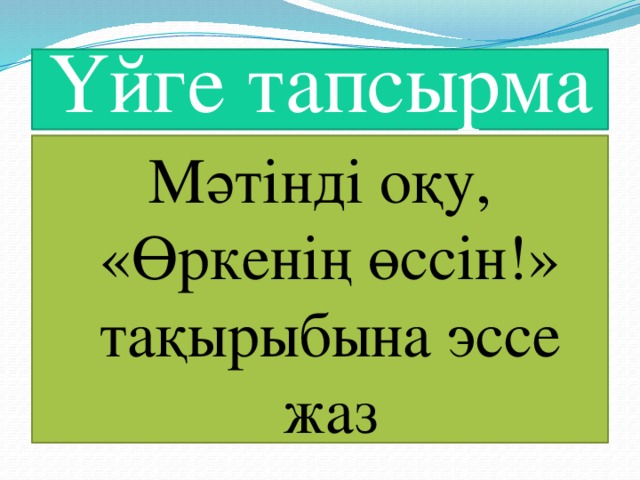 Үйге тапсырма Мәтінді оқу, «Өркенің өссін!» тақырыбына эссе жаз