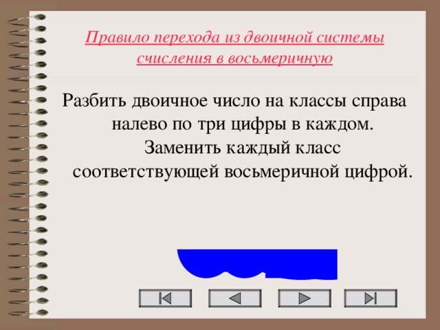 Правило перехода из двоичной системы счисления в восьмеричную Разбить двоичное число на классы справа налево по три цифры в каждом. Заменить каждый класс соответствующей восьмеричной цифрой.