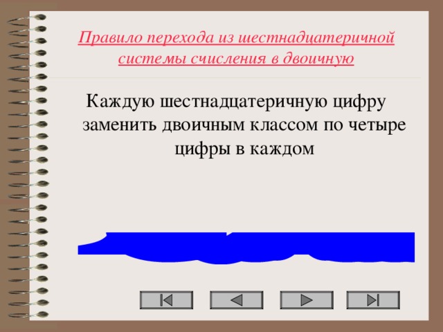 Правило перехода из шестнадцатеричной системы счисления в двоичную Каждую шестнадцатеричную цифру заменить двоичным классом по четыре цифры в каждом