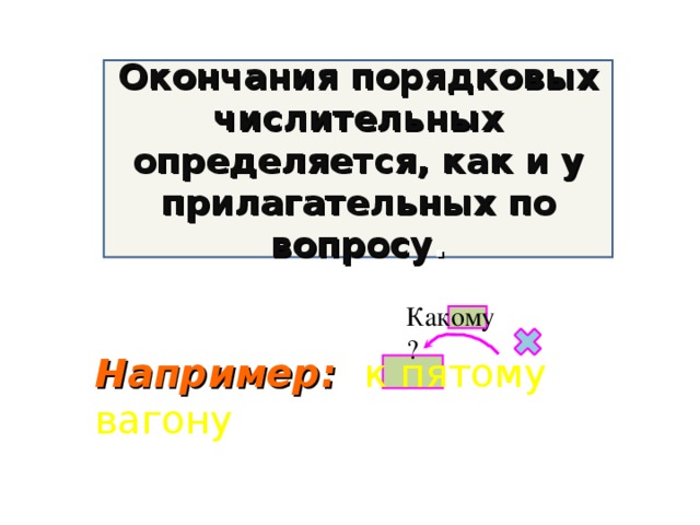 Окончания порядковых числительных определяется, как и у прилагательных по вопросу . Какому ? Например: к пятому вагону