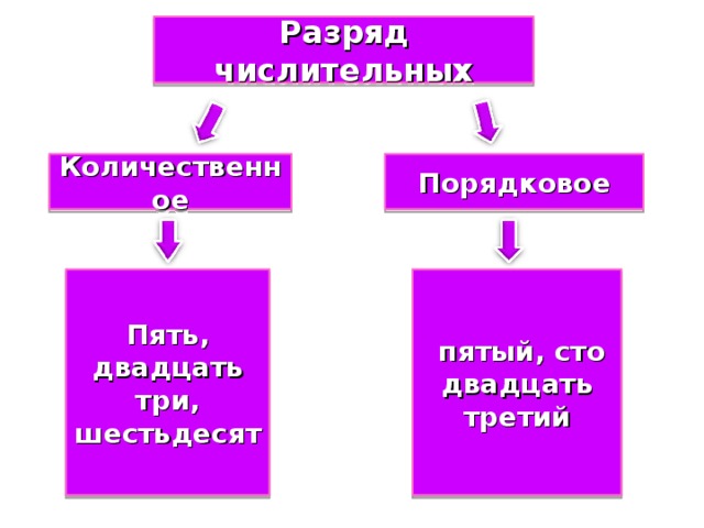 Разряд числительных Количественное Порядковое Пять, двадцать три, шестьдесят  пятый, сто двадцать третий