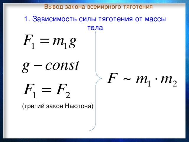 Вывод закона всемирного тяготения 1. Зависимость силы тяготения от массы тела (третий  закон Ньютона)