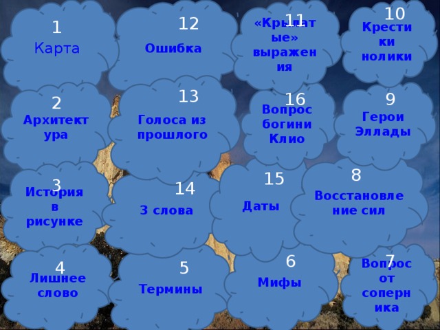 «Крылатые» выражения Карта 10 Ошибка Крестики нолики 11 12 1 Голоса из прошлого Вопрос богини Клио 13 Герои Эллады Архитектура 16 9 2 Восстановление сил Даты 8 История в рисунке 15 3 слова 3 14 Мифы Лишнее слово Термины Вопрос от соперника 6 7 4 5