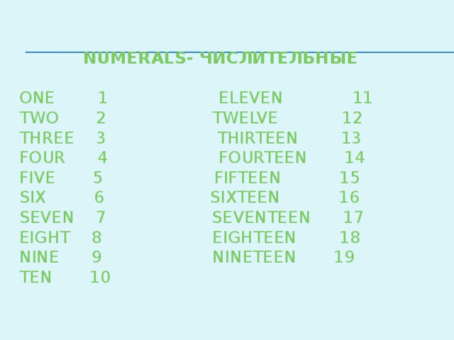 Numerals- числительные   one 1 eleven 11  two 2 twelve 12  three 3 thirteen 13  four 4 fourteen 14  five 5 fifteen 15  six 6 sixteen 16  seven 7 seventeen 17  eight 8 eighteen 18  nine 9 nineteen 19  ten 10