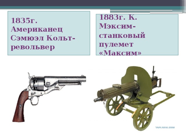 1835г. Американец Сэмюэл Кольт-револьвер 1883г. К. Мэксим- станковый пулемет «Максим»