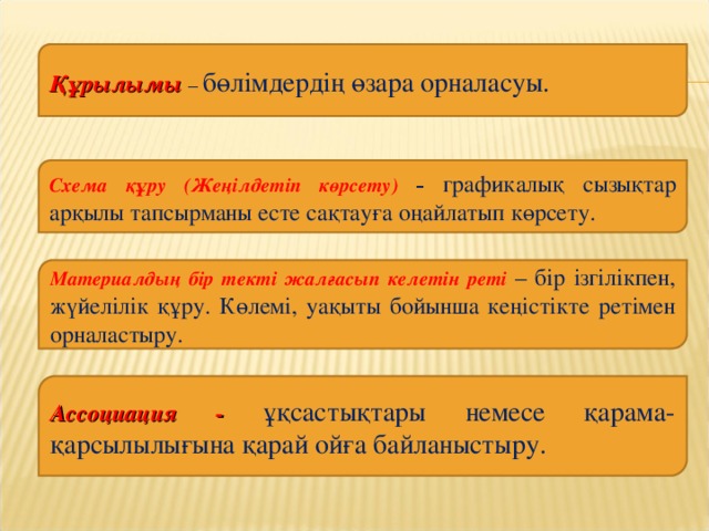 Құрылымы  – бөлімдердің өзара орналасуы. Схема құру (Жеңілдетіп көрсету) – графикалық сызықтар арқылы тапсырманы есте сақтауға оңайлатып көрсету. Материалдың бір текті жалғасып келетін реті – бір ізгілікпен, жүйелілік құру. Көлемі, уақыты бойынша кеңістікте ретімен орналастыру. Ассоциация - ұқсастықтары немесе қарама-қарсылылығына қарай ойға байланыстыру.