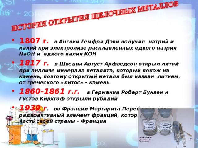 1807 г.  в Англии Гемфри Дэви получил натрий и калий при электролизе расплавленных едкого натрия NaOH и едкого калия КОН 1817 г.   в Швеции Август Арфведсон открыл литий при анализе минерала петалита, который похож на камень, поэтому открытый металл был назван литием, от греческого «литос» - камень 1860-1861 г.г.  в Германии Роберт Бунзен и Густав Кирхгоф открыли рубидий 1939 г .  во Франции Маргарита Перей открыла радиоактивный элемент франций, который назвала в честь своей страны - Франции