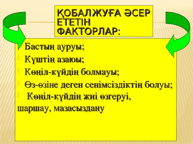 ҚОБАЛЖУҒА ӘСЕР ЕТЕТІН ФАКТОРЛАР: Бастың ауруы; Күштің азаюы; Көңіл-күйдің болмауы; Өз- өзіне деген с енімсіздіктің болуы;  Көңіл-күйдің жиі өзгеруі, шаршау, мазасыздану