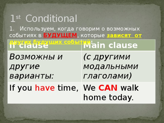 1 st Conditional 1. Используем, когда говорим о возможных событиях в БУДУЩЕМ , которые зависят от других будущих событий : If clause Main clause Возможны и другие варианты: (с другими модальными глаголами) If you have time, We CAN walk home today.