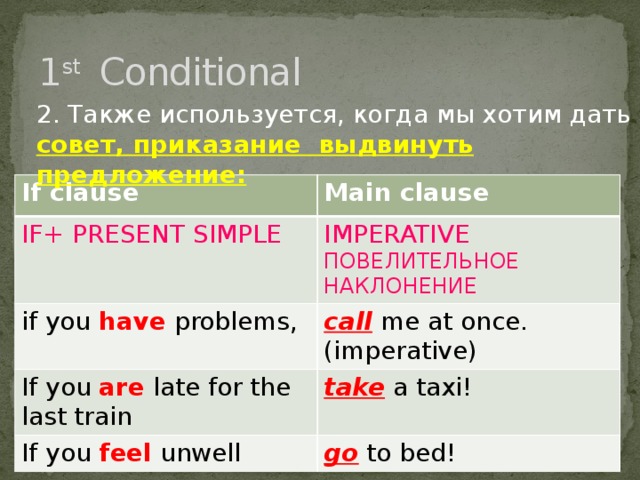 1 st Conditional 2. Также используется, когда мы хотим дать совет, приказание выдвинуть предложение: If clause Main clause IF+ PRESENT SIMPLE IMPERATIVE if you have problems, ПОВЕЛИТЕЛЬНОЕ НАКЛОНЕНИЕ call me at once. (imperative) If you are late for the last train take a taxi! If you feel unwell go to bed!