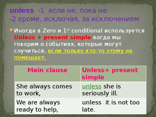 unless -1 если не; пока не  -2 кроме, исключая, за исключением Иногда в Zero и 1 st conditional используется Unless + present simple когда мы говорим о событиях, которые могут случиться, если только кто-то этому не помешает.  Main clause She always comes to work, Unless+ present simple We are always ready to help, unless she is seriously ill. unless it is not too late.